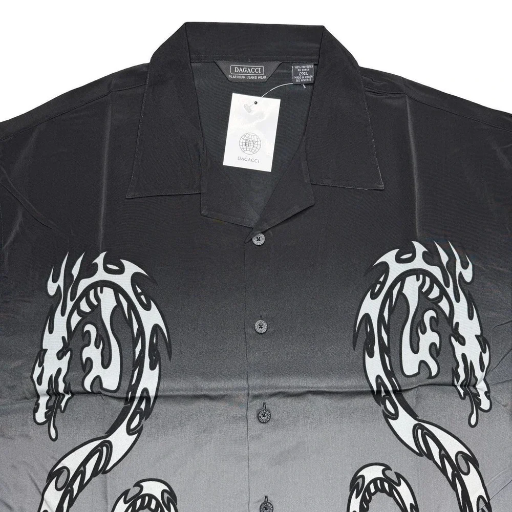 Vintage 2000s Y2K Dagacci dragon polyester black gray baggy loose shirt 3XL XXXL